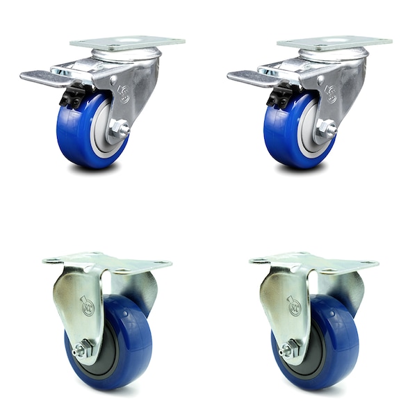3 Inch Blue Polyurethane Swivel Top Plate Caster Lock Brakes 2 Rigid SCC, 2PK